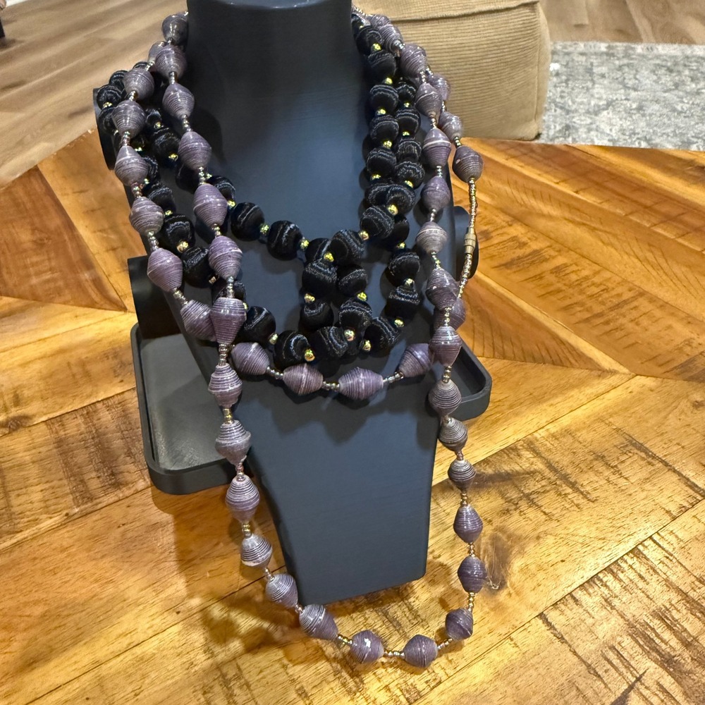 Retro Glam Vintage Black Lavender Satin Thread Wrapped Bead Necklace Set